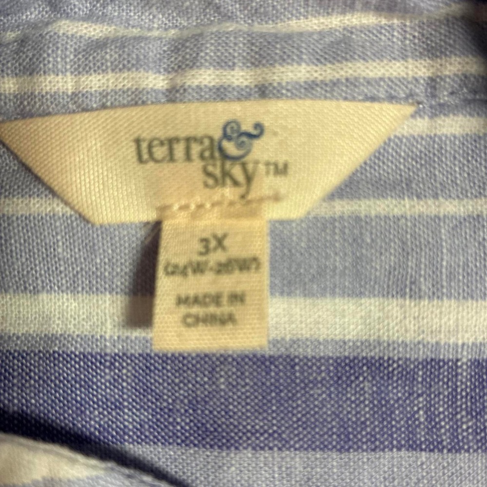 Terra & Sky Women's 3X Linen blend blue and purple striped button up shirt - Picture 3 of 5